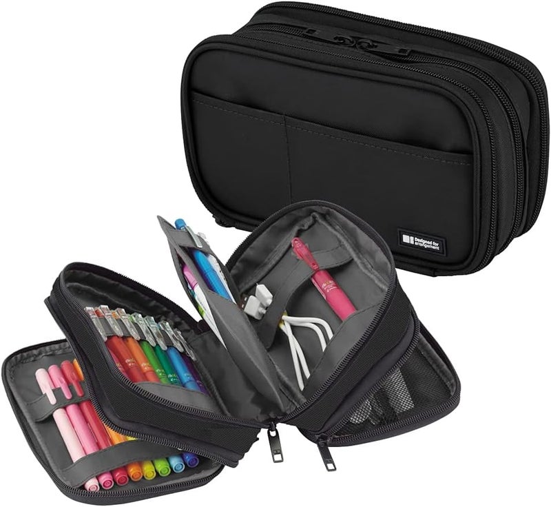 LIHIT LAB Large Capacity Triple Zipper Pencil Case For School Office College, Big Capacity 8 Compartments Pencil Bag Holder Adults Teen Boys Girls, Travel Cosmetics Storage, Jet Black (A7556-124) - Image 2